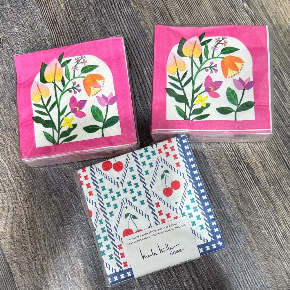 3 Nicole Miller Floral Napkins - Pink and Multicolor